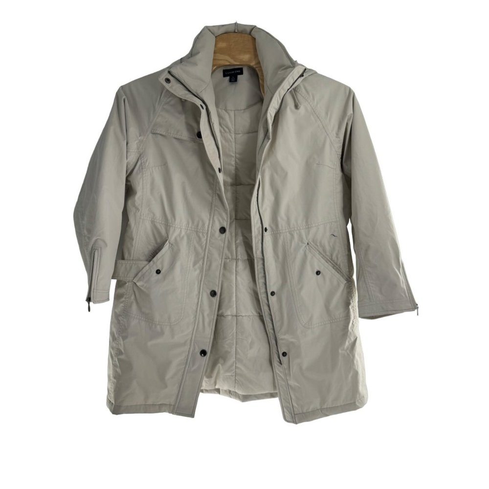 Lands End  Insulated Parka Jacket‎ Stone Beige Full Zip Snap Front Large 14-16